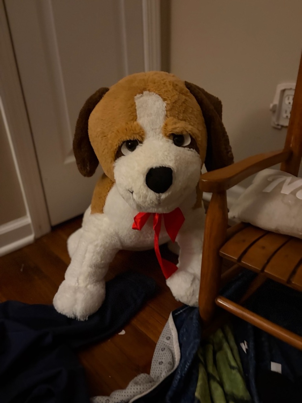 Large Plush Brown and White Puppy with Red Bow - Cozy Stuffed Animal